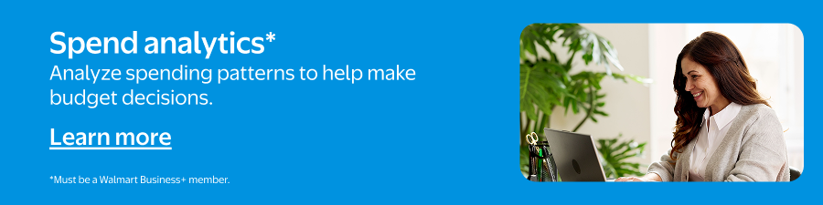 ​Banner reads, spend analytics*. Analyze spending patterns to help make budget decisions. Learn more. *Must be a Walmart Business+ member. 