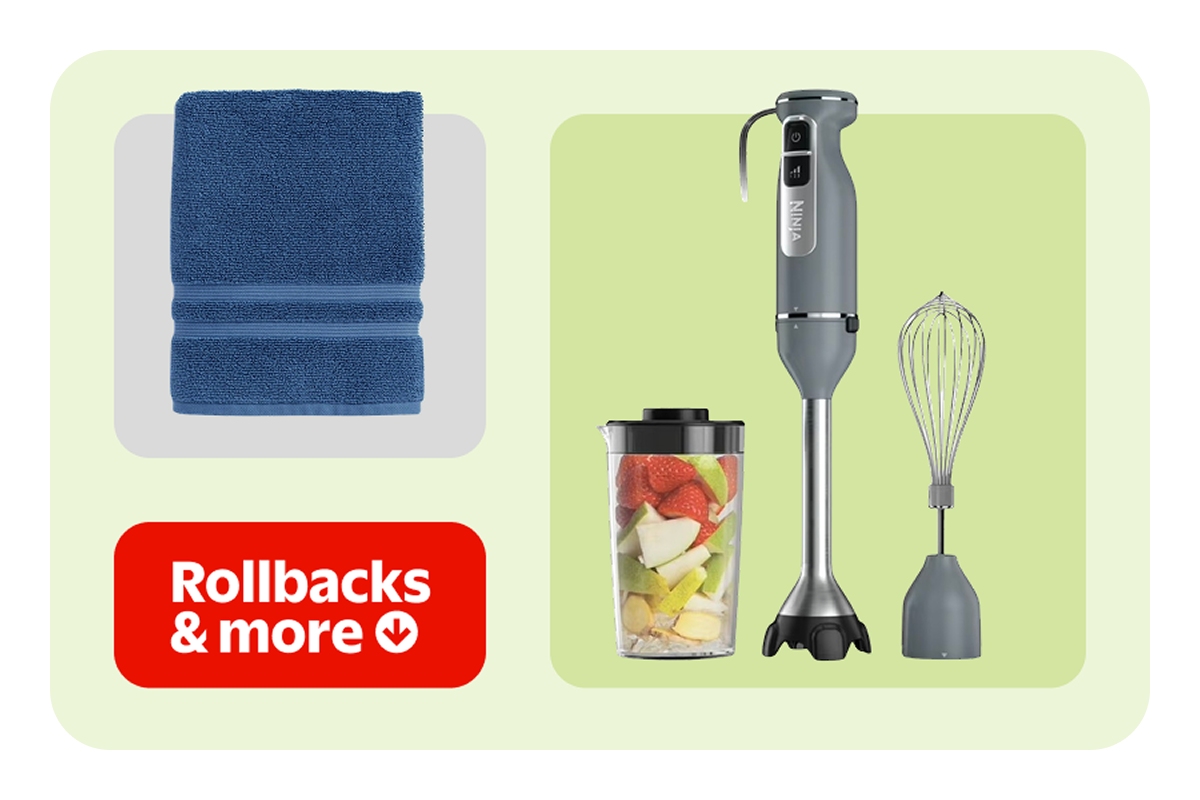 Large right blender and accessories tools image, blue towel upper left, Rollbacks logo bottom left