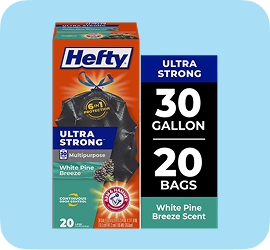 Ultra strong Hefty trash bags in a box, 30 gallon capacity, 20 bags in box, waste management