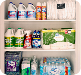 Three shelves of cleaning supplies including bleach, Lysol, paper towels, hand sanitizer and water
