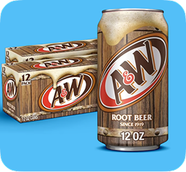 A twelve ounce can of A&W Root Beer with more boxes of root beer behind it.