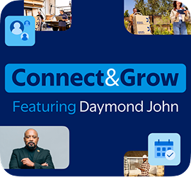 A collage of images and text highlighting the Walmart Business Connect & Grow event featuring Daymond John.