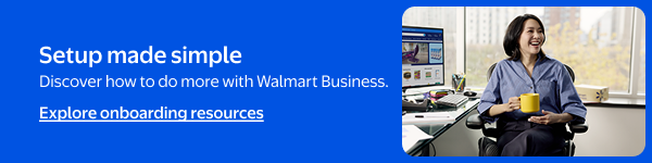 A business woman smiles while holding her coffee. Text reads, setup made simple. Discover how to do more with Walmart Business.Explore onboarding resources.