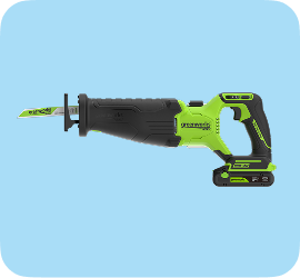 Greenworks hand saw on a light blue background