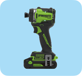 Greenworks Pro tool on a light blue background