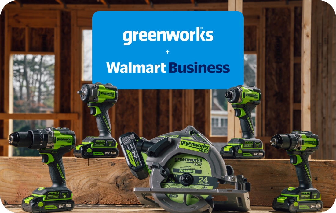 Combined Greenworks Walmart Business logo inset on picture of a family of Greenworks power tools