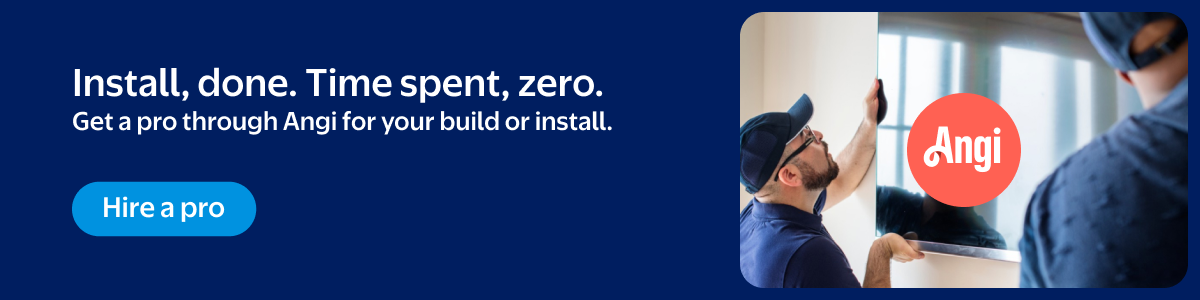 A banner advertises services installation for Walmart Business with Angi. Text reads, Install done. Time spent, zero. Get a pro through Angi for your build or install. Hire a pro.