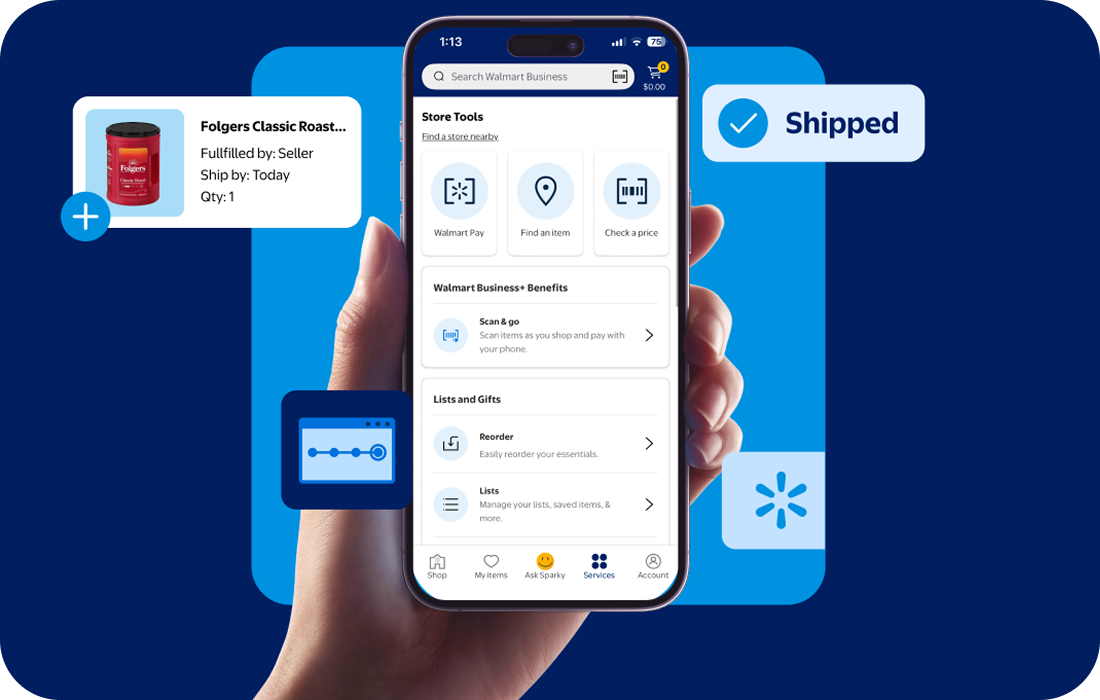 A hand holds up a mobile phone showcasing the functionality of the Walmart Business app.
